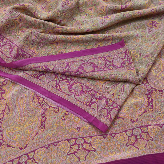 Indian Vintage Sari Green & Purple Pure Crepe Silk Printed Saree 5yd Sewing Floral Craft Fabric Wrap Dress Making Quilting Crafting