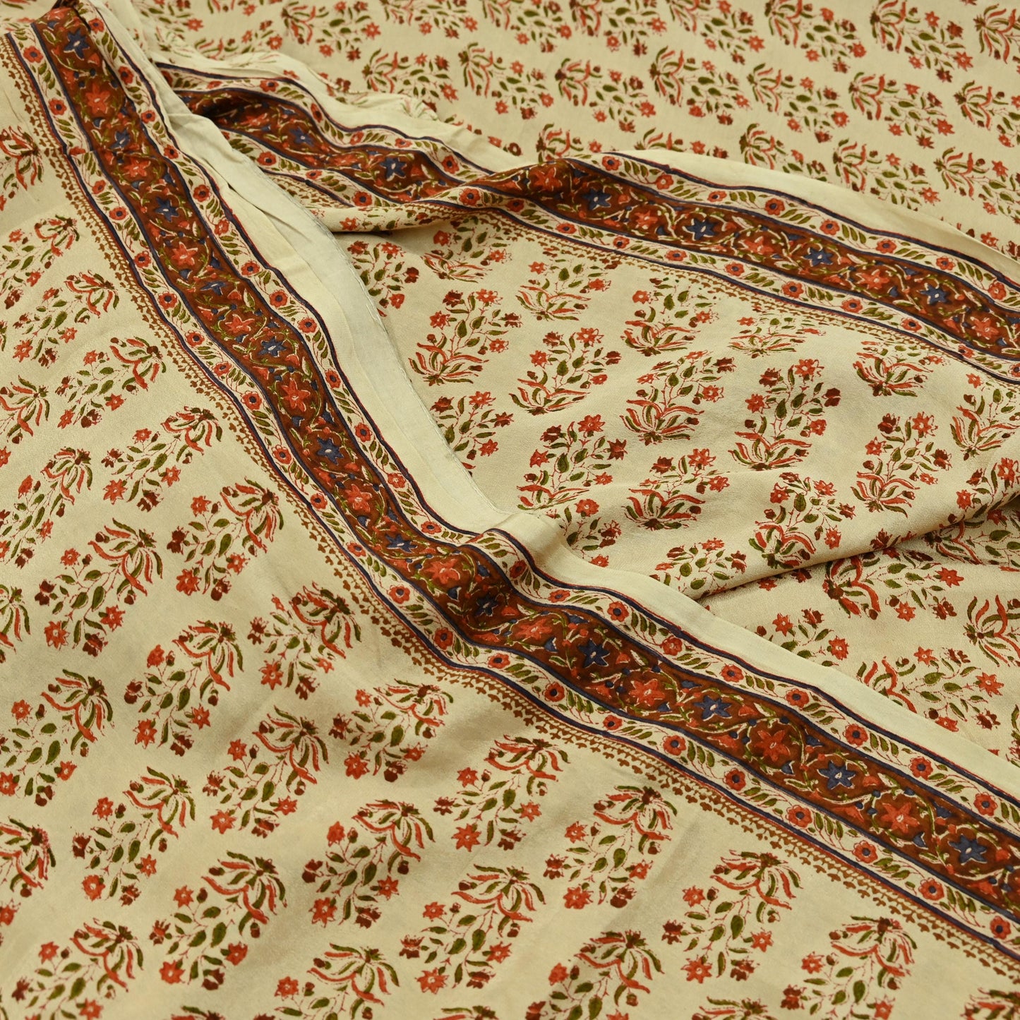 Indian Vintage Sari Beige Pure Crepe Silk Block Printed Sarees 6yd Sewing Floral Soft Craft Fabric Wrap Dress making Crafting Quilting Used