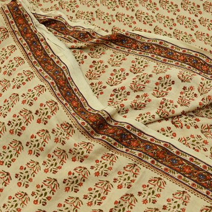 Indian Vintage Sari Beige Pure Crepe Silk Block Printed Sarees 6yd Sewing Floral Soft Craft Fabric Wrap Dress making Crafting Quilting Used