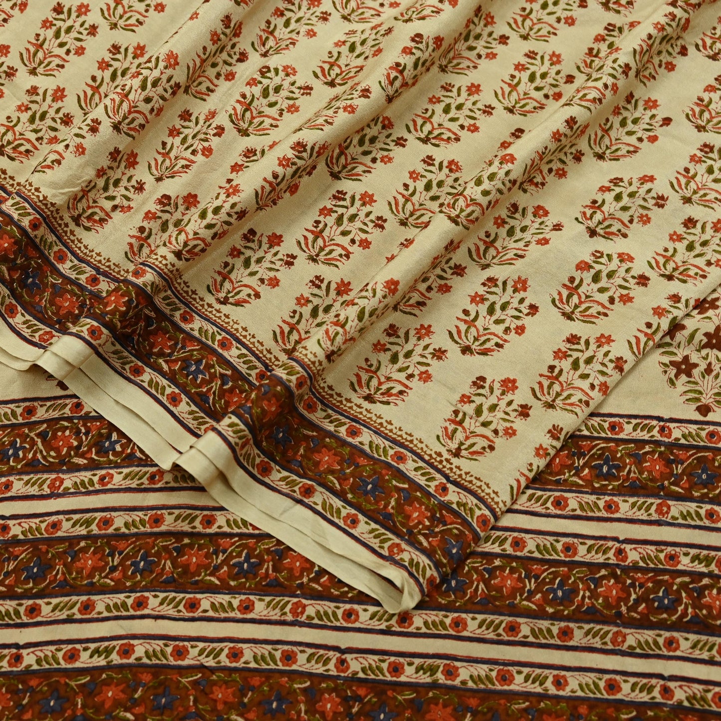 Indian Vintage Sari Beige Pure Crepe Silk Block Printed Sarees 6yd Sewing Floral Soft Craft Fabric Wrap Dress making Crafting Quilting Used