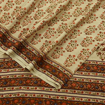 Indian Vintage Sari Beige Pure Crepe Silk Block Printed Sarees 6yd Sewing Floral Soft Craft Fabric Wrap Dress making Crafting Quilting Used