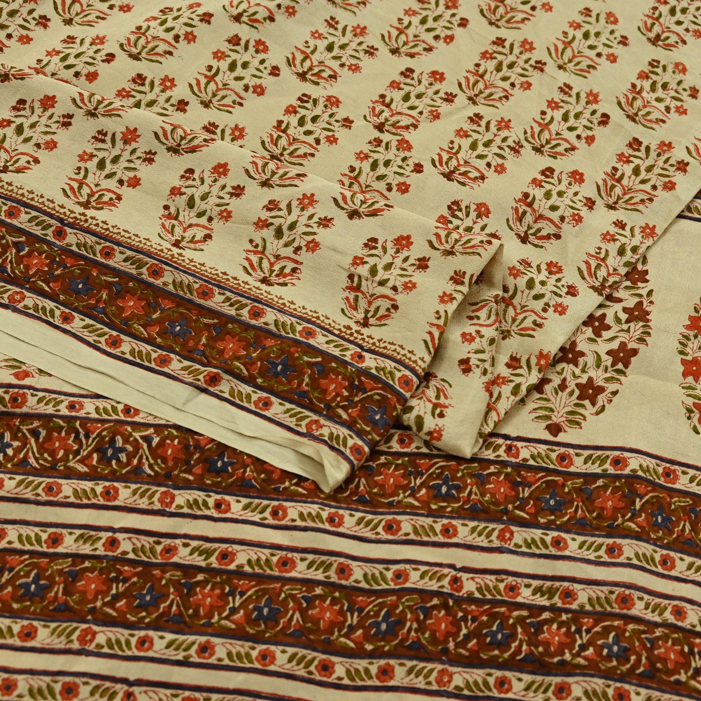 Indian Vintage Sari Beige Pure Crepe Silk Block Printed Sarees 6yd Sewing Floral Soft Craft Fabric Wrap Dress making Crafting Quilting Used