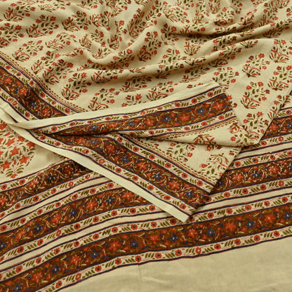 Indian Vintage Sari Beige Pure Crepe Silk Block Printed Sarees 6yd Sewing Floral Soft Craft Fabric Wrap Dress making Crafting Quilting Used