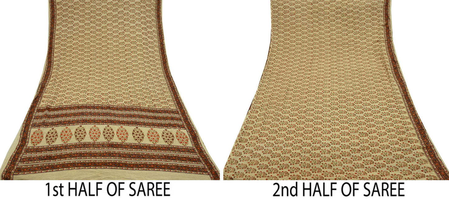 Indian Vintage Sari Beige Pure Crepe Silk Block Printed Sarees 6yd Sewing Floral Soft Craft Fabric Wrap Dress making Crafting Quilting Used