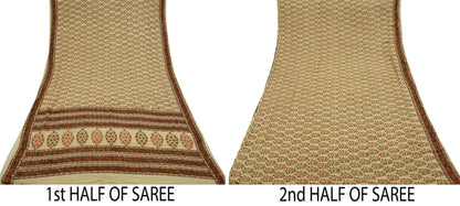 Indian Vintage Sari Beige Pure Crepe Silk Block Printed Sarees 6yd Sewing Floral Soft Craft Fabric Wrap Dress making Crafting Quilting Used