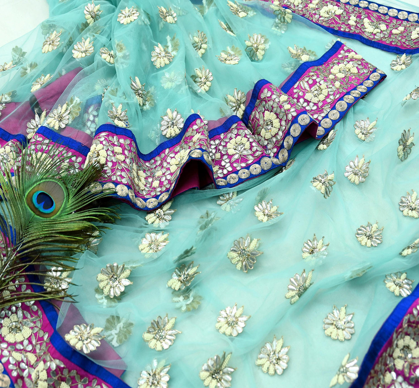 Indian Pre-Owned Sari Blue Net/Mesh Hand Embroidered Designer Manish Malhotra Sarees 6Yd Ethnic Gota Patti Zari Wedding Sarees