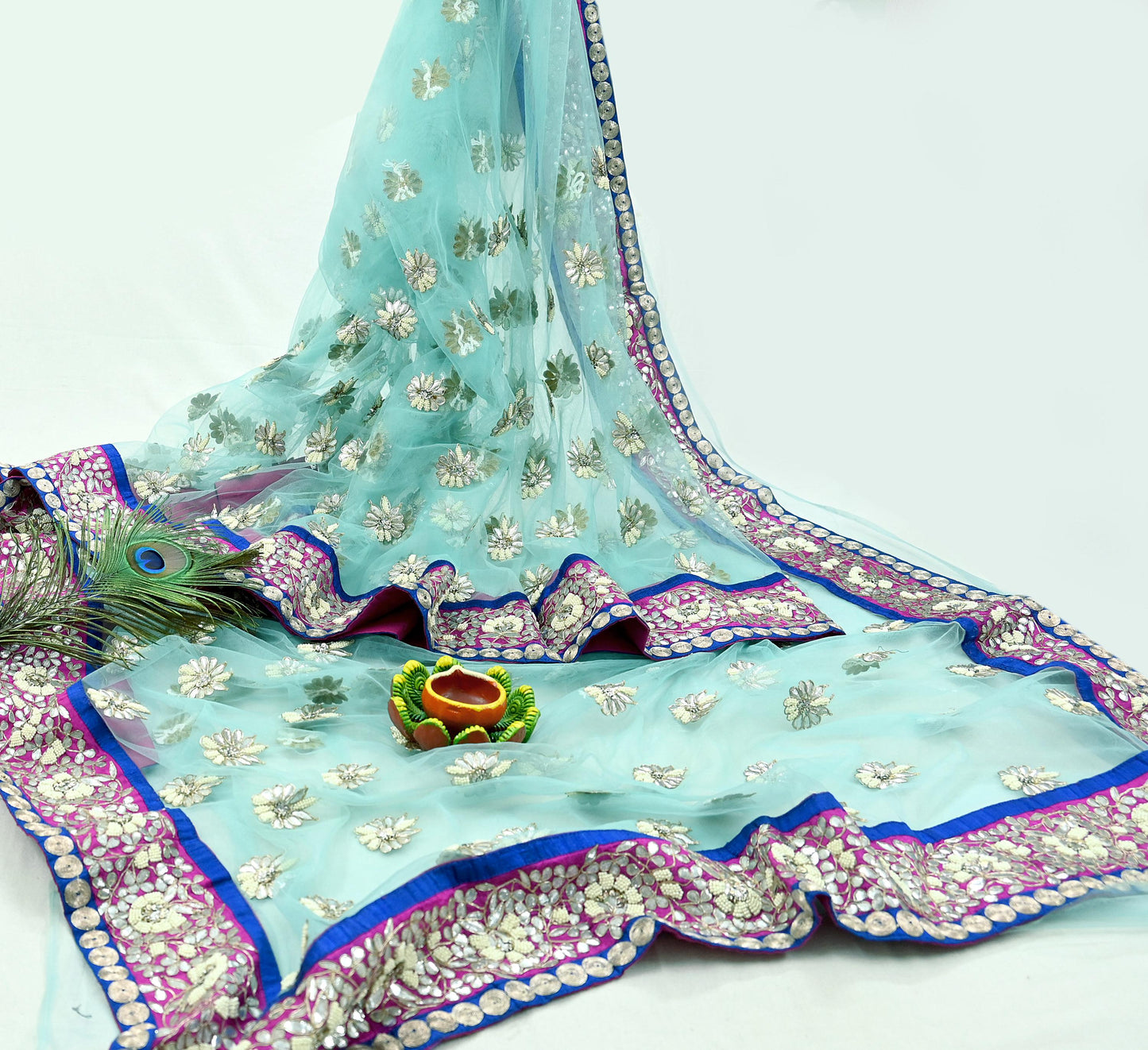 Indian Pre-Owned Sari Blue Net/Mesh Hand Embroidered Designer Manish Malhotra Sarees 6Yd Ethnic Gota Patti Zari Wedding Sarees