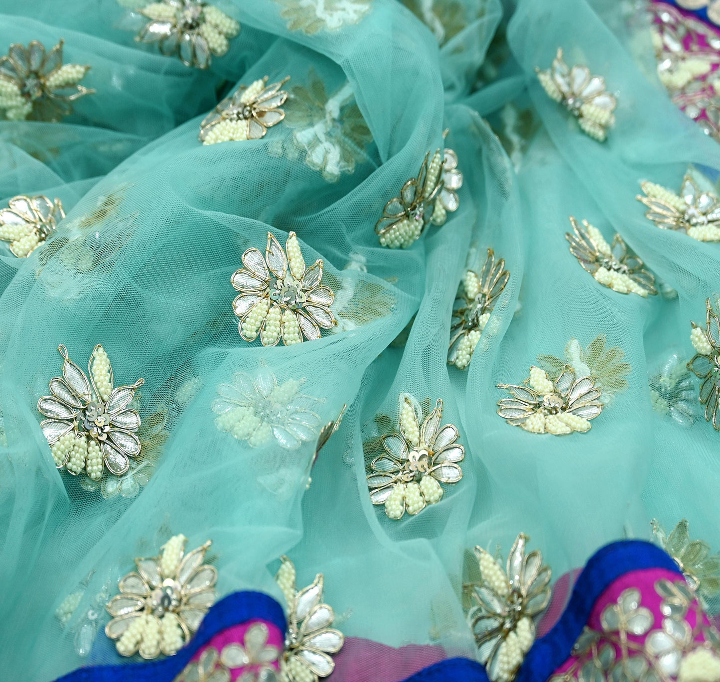 Indian Pre-Owned Sari Blue Net/Mesh Hand Embroidered Designer Manish Malhotra Sarees 6Yd Ethnic Gota Patti Zari Wedding Sarees