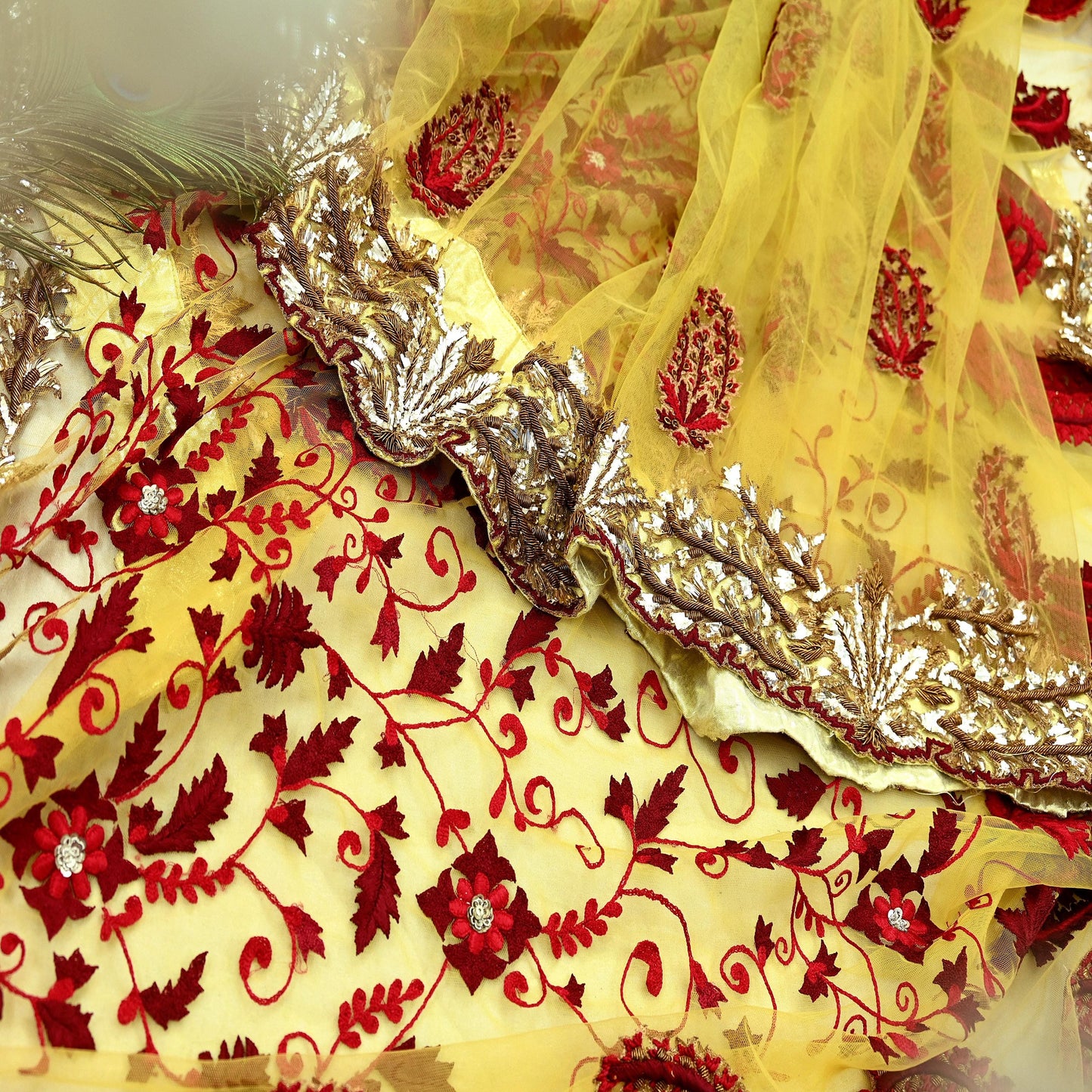 Indian Pre-Owned Sari Mustard Net/Mesh Hand Embroidered Designer Manish Malhotra Sarees 6Yd Ethnic Zardozi/Dabka Zari Wedding Saree