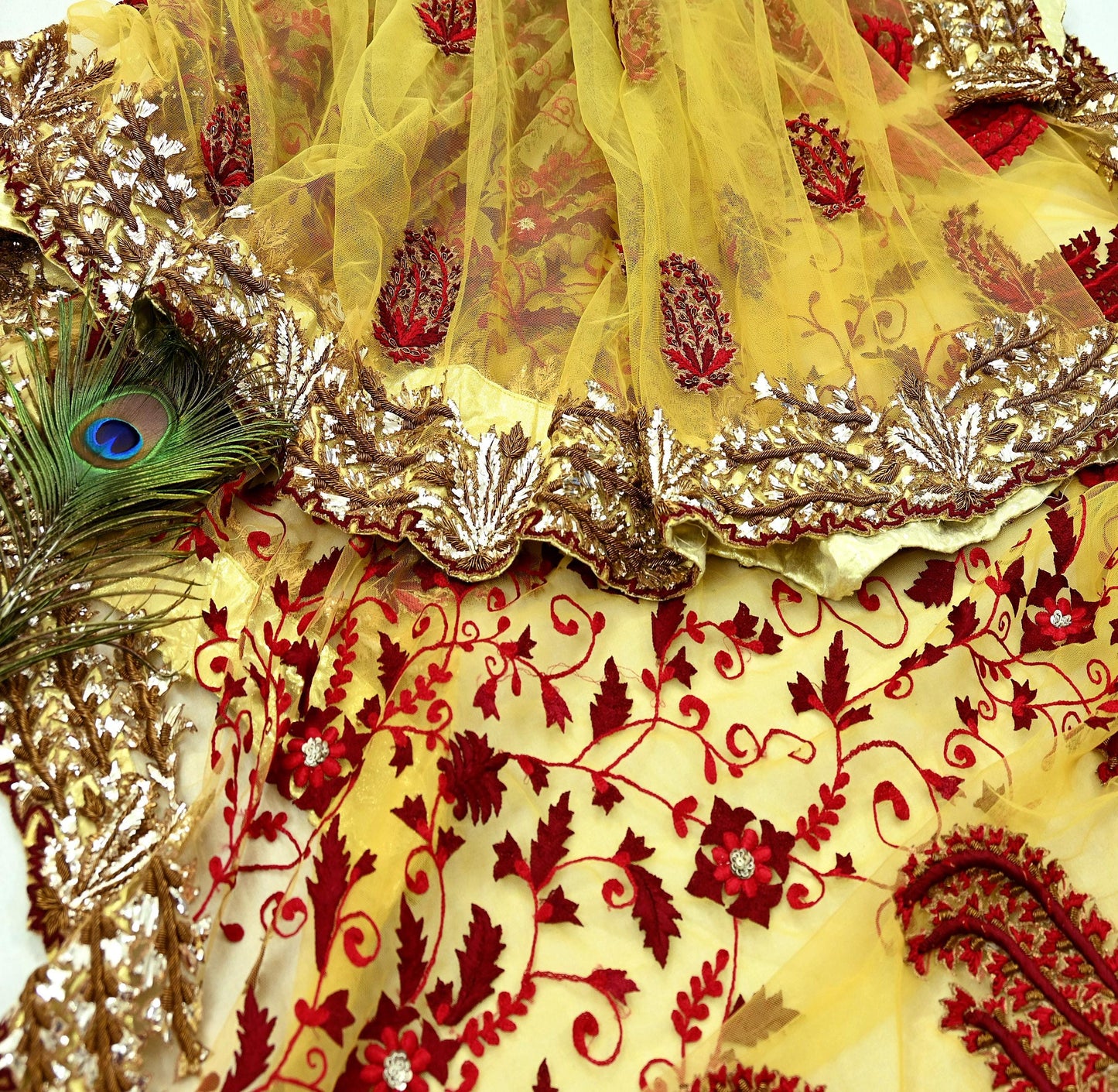 Indian Pre-Owned Sari Mustard Net/Mesh Hand Embroidered Designer Manish Malhotra Sarees 6Yd Ethnic Zardozi/Dabka Zari Wedding Saree