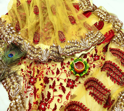 Indian Pre-Owned Sari Mustard Net/Mesh Hand Embroidered Designer Manish Malhotra Sarees 6Yd Ethnic Zardozi/Dabka Zari Wedding Saree