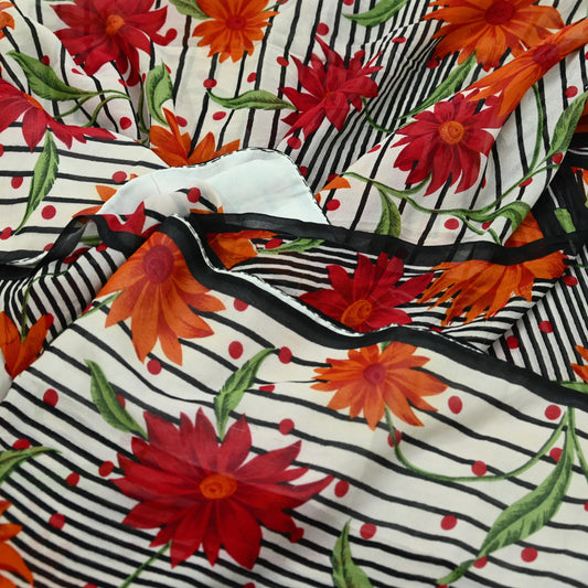 Indian Women Vintage Sari Ivory & Black 100% Pure Georgette Silk Printed Saree Sewing 5yd Soft Craft Floral Design Wrap Boho