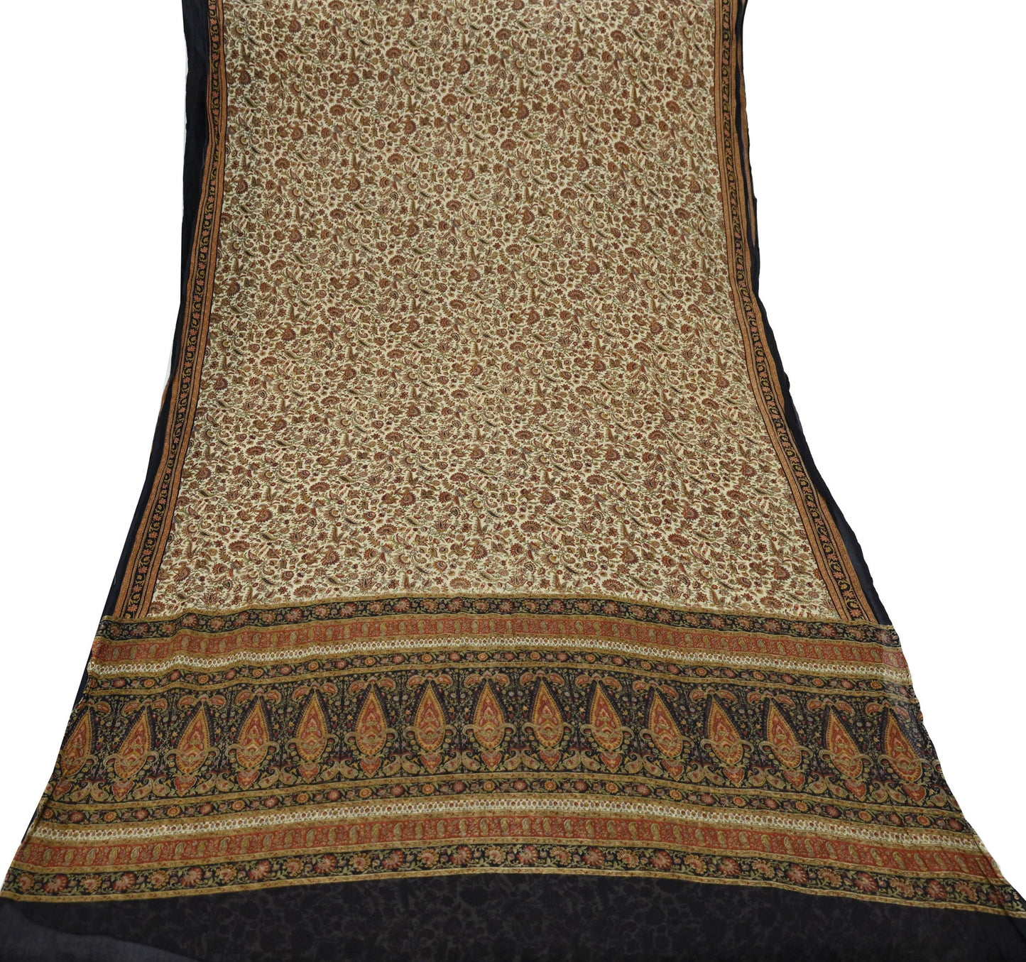 Indian Women Vintage Beige & Black Saree Pure Chiffon Silk Printed Sari Craft Fabric Sewing 5Yard Soft Light Sari Dress Making