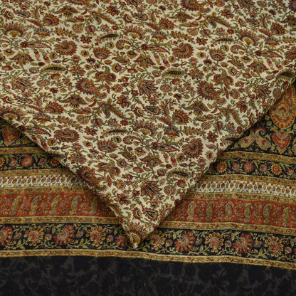 Indian Women Vintage Beige & Black Saree Pure Chiffon Silk Printed Sari Craft Fabric Sewing 5Yard Soft Light Sari Dress Making
