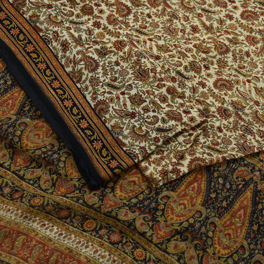 Indian Women Vintage Beige & Black Saree Pure Chiffon Silk Printed Sari Craft Fabric Sewing 5Yard Soft Light Sari Dress Making