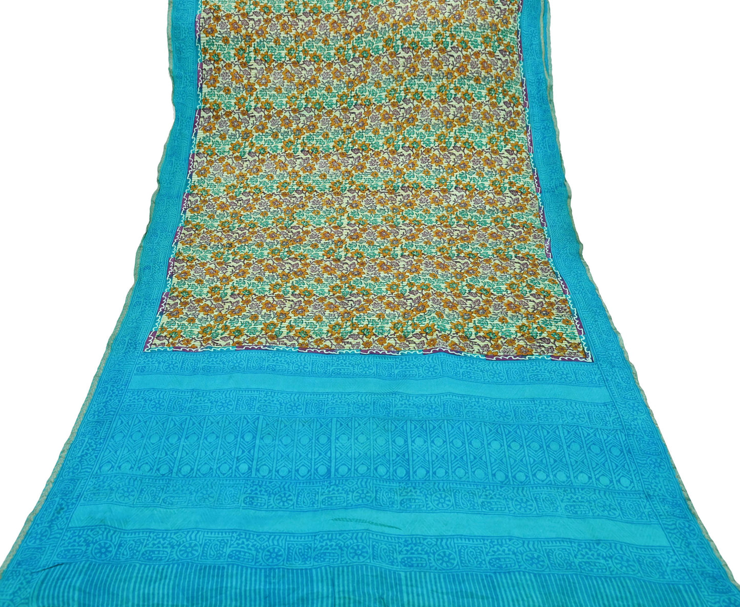 Indian Vintage Beige & Blue Saree Pure Silk Printed Sari 5yd Sewing Craft Fabric Dress Making Soft Wrap Dress Designing Zari Border Upcycle