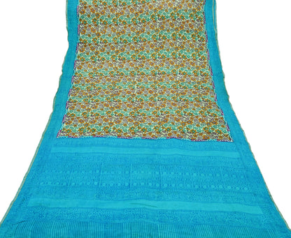 Indian Vintage Beige & Blue Saree Pure Silk Printed Sari 5yd Sewing Craft Fabric Dress Making Soft Wrap Dress Designing Zari Border Upcycle