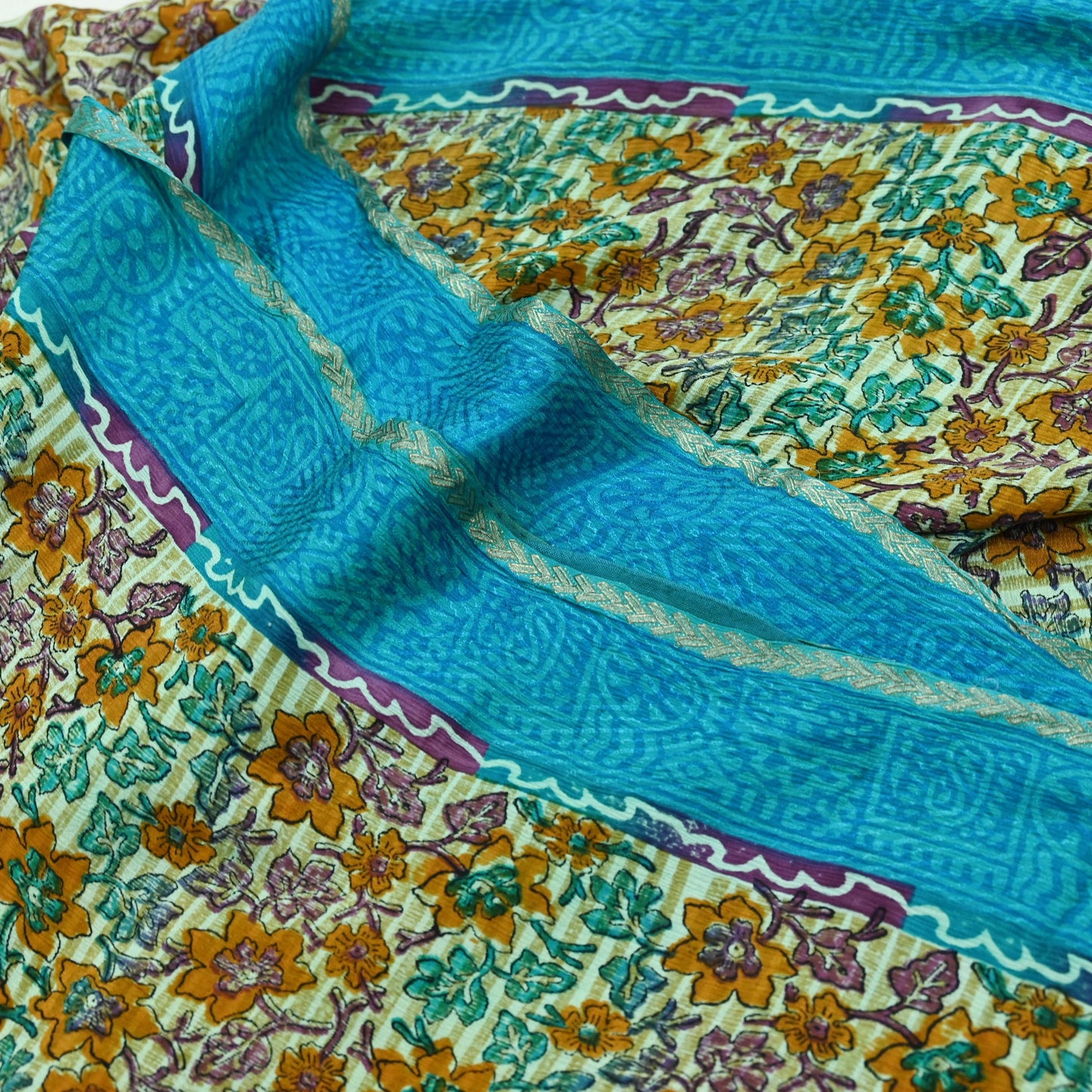 Indian Vintage Beige & Blue Saree Pure Silk Printed Sari 5yd Sewing Craft Fabric Dress Making Soft Wrap Dress Designing Zari Border Upcycle