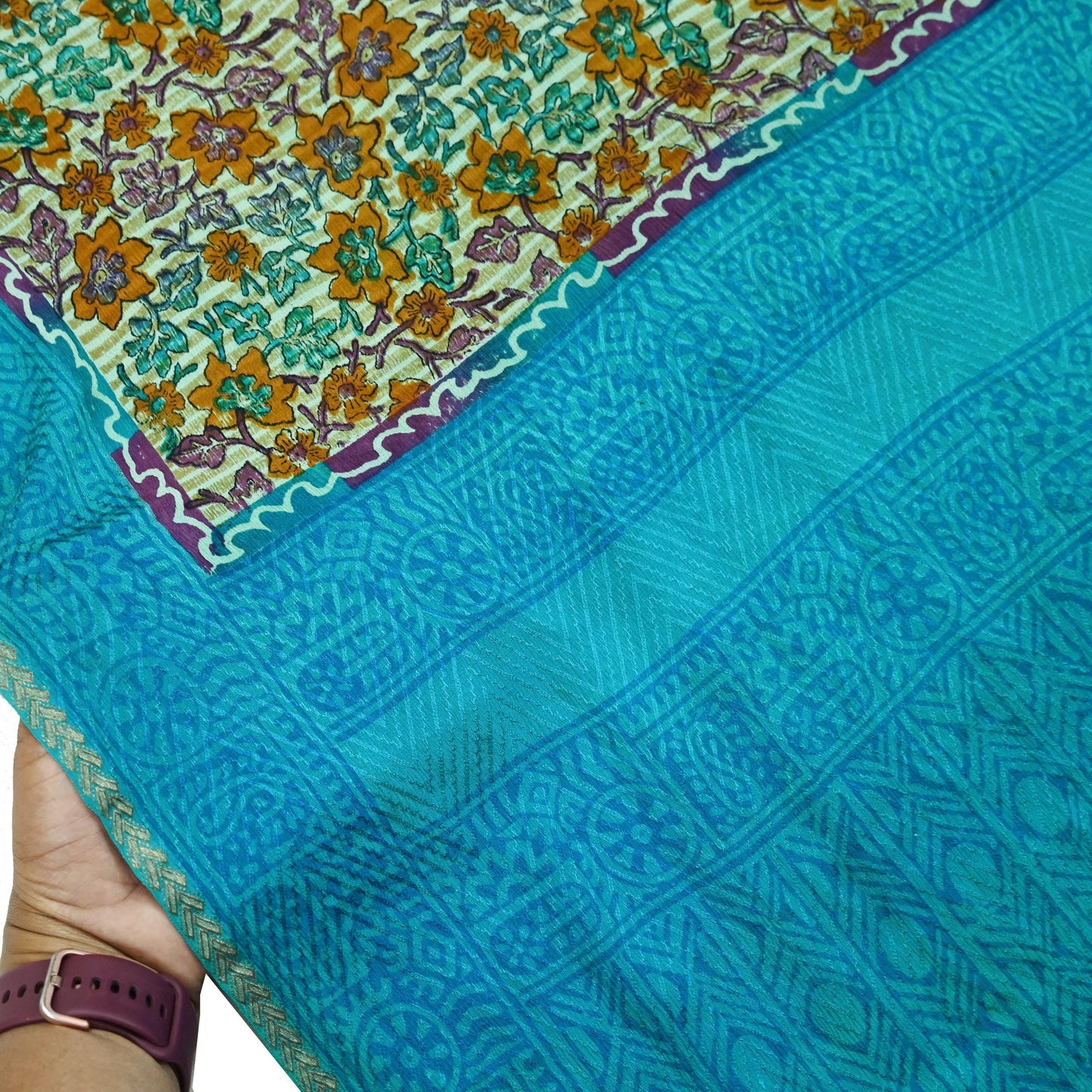 Indian Vintage Beige & Blue Saree Pure Silk Printed Sari 5yd Sewing Craft Fabric Dress Making Soft Wrap Dress Designing Zari Border Upcycle