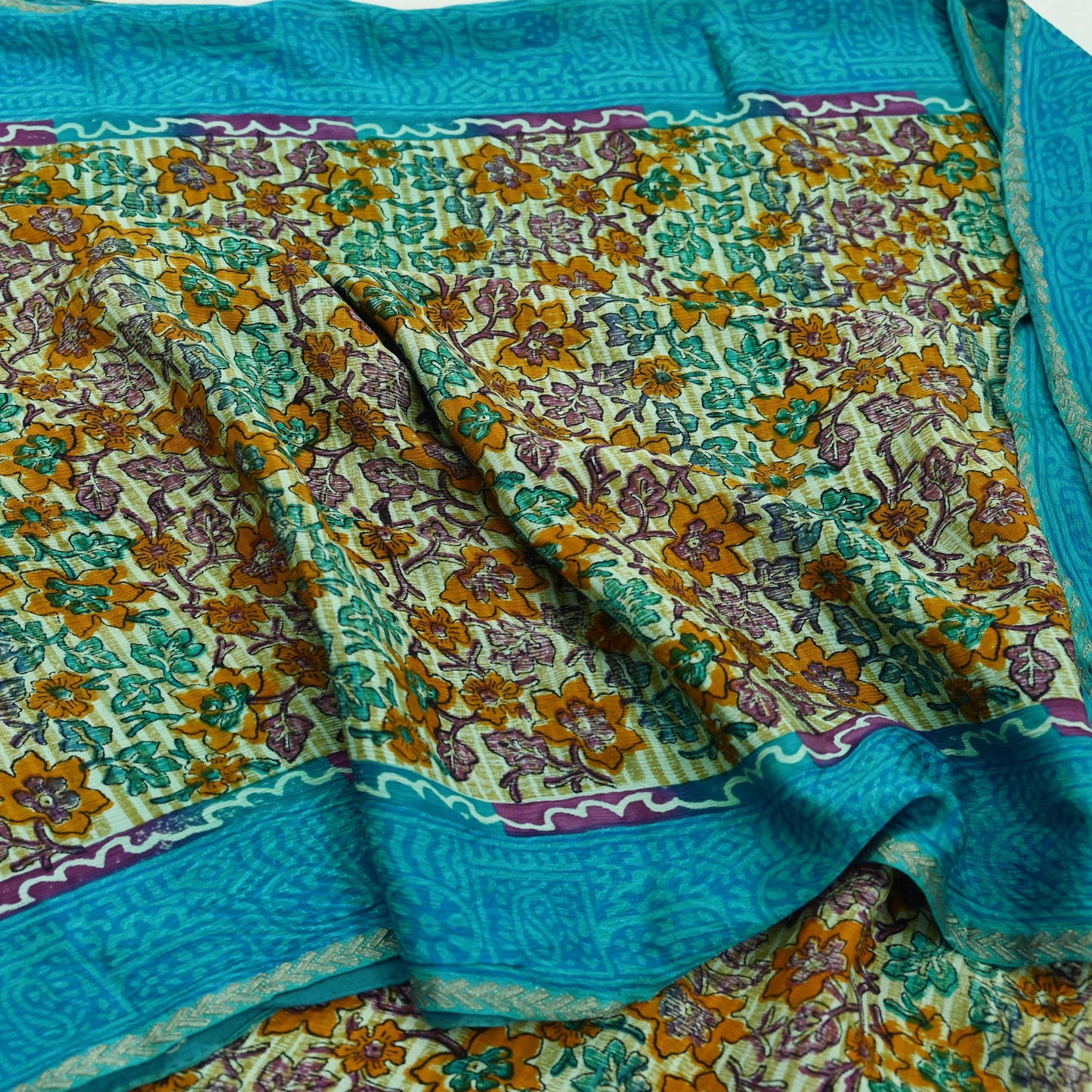 Indian Vintage Beige & Blue Saree Pure Silk Printed Sari 5yd Sewing Craft Fabric Dress Making Soft Wrap Dress Designing Zari Border Upcycle