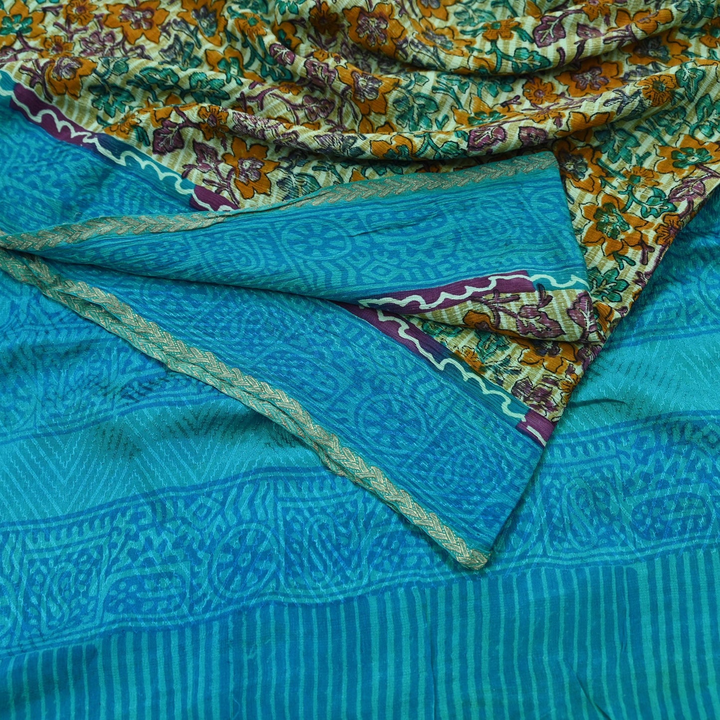 Indian Vintage Beige & Blue Saree Pure Silk Printed Sari 5yd Sewing Craft Fabric Dress Making Soft Wrap Dress Designing Zari Border Upcycle