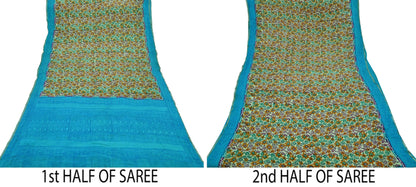Indian Vintage Beige & Blue Saree Pure Silk Printed Sari 5yd Sewing Craft Fabric Dress Making Soft Wrap Dress Designing Zari Border Upcycle
