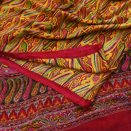 Indian Vintage Sari Red & Yellow Pure Silk Printed Saree Fabric 5yd Sewing Craft Fabric DressMaking Soft