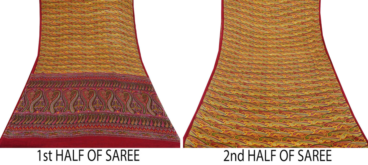 Indian Vintage Sari Red & Yellow Pure Silk Printed Saree Fabric 5yd Sewing Craft Fabric DressMaking Soft