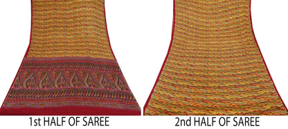 Indian Vintage Sari Red & Yellow Pure Silk Printed Saree Fabric 5yd Sewing Craft Fabric DressMaking Soft