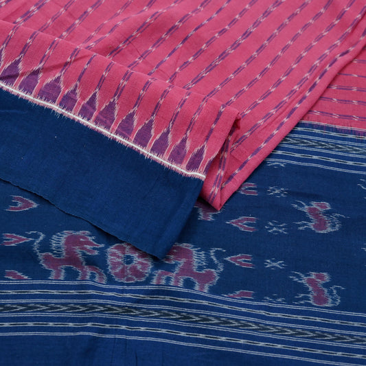 Indian Vintage Dupatta Blue & Pink Long Stole Hand woven Sambalpuri Ikat Hijab Pure Cotton Scarves Veil