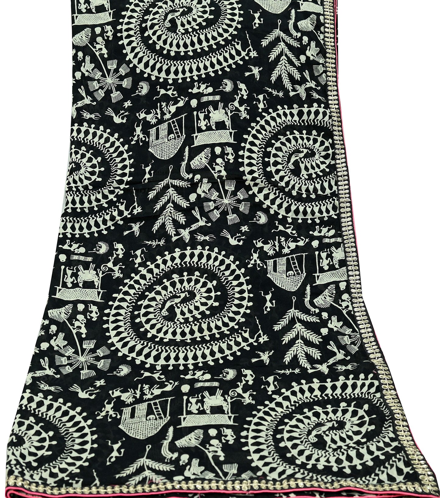 Indian Vintage Black Dupatta Long Stole Embroidered Warli Printed Pure Cotton Scarf Veil Soft Border Work