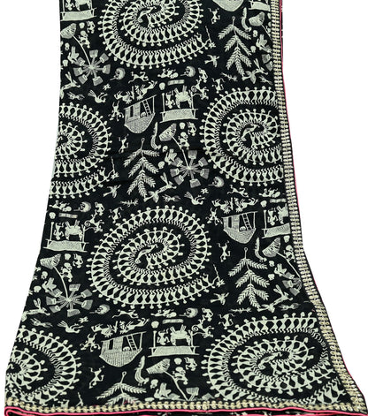 Indian Vintage Black Dupatta Long Stole Embroidered Warli Printed Pure Cotton Scarf Veil Soft Border Work