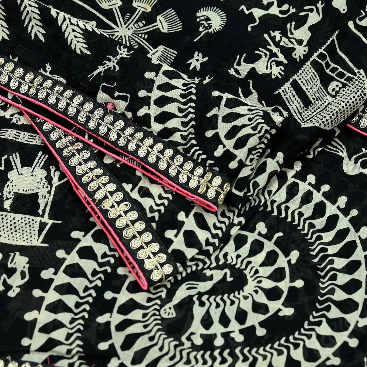 Indian Vintage Black Dupatta Long Stole Embroidered Warli Printed Pure Cotton Scarf Veil Soft Border Work