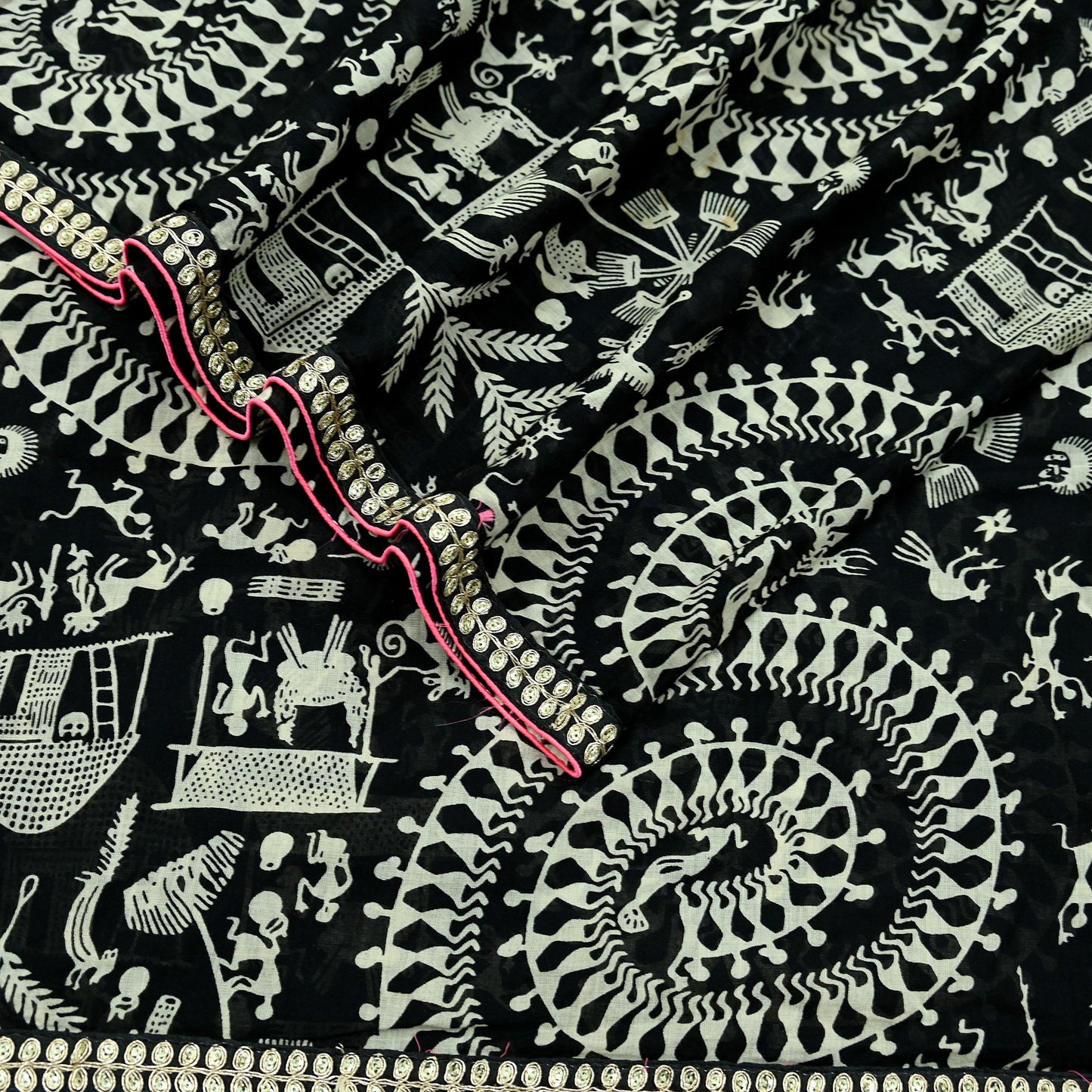 Indian Vintage Black Dupatta Long Stole Embroidered Warli Printed Pure Cotton Scarf Veil Soft Border Work
