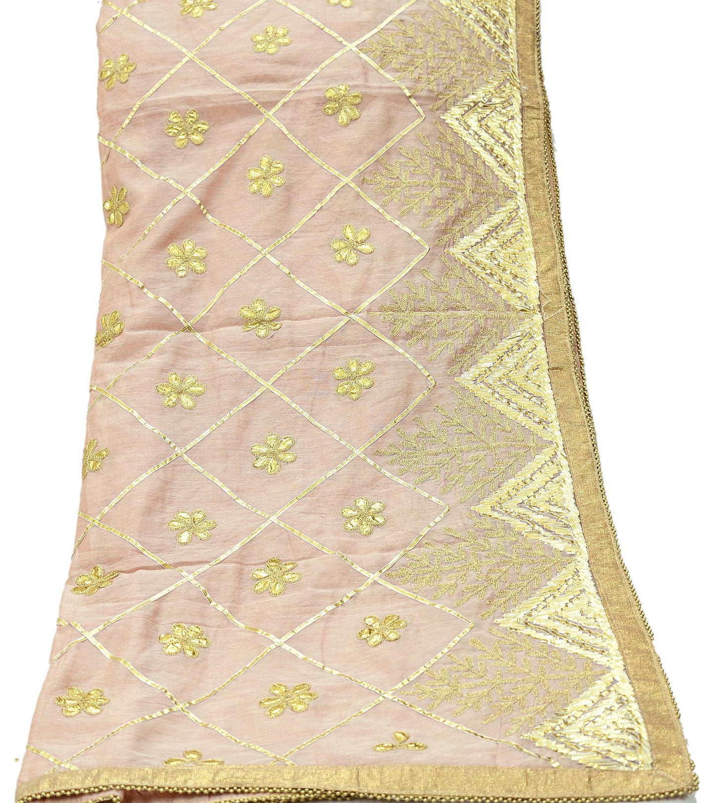Indian Vintage Dupatta Peach Chanderi Long Stole Hand Embroidered Scarves Veil Zari Sequins