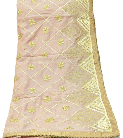 Indian Vintage Dupatta Peach Chanderi Long Stole Hand Embroidered Scarves Veil Zari Sequins