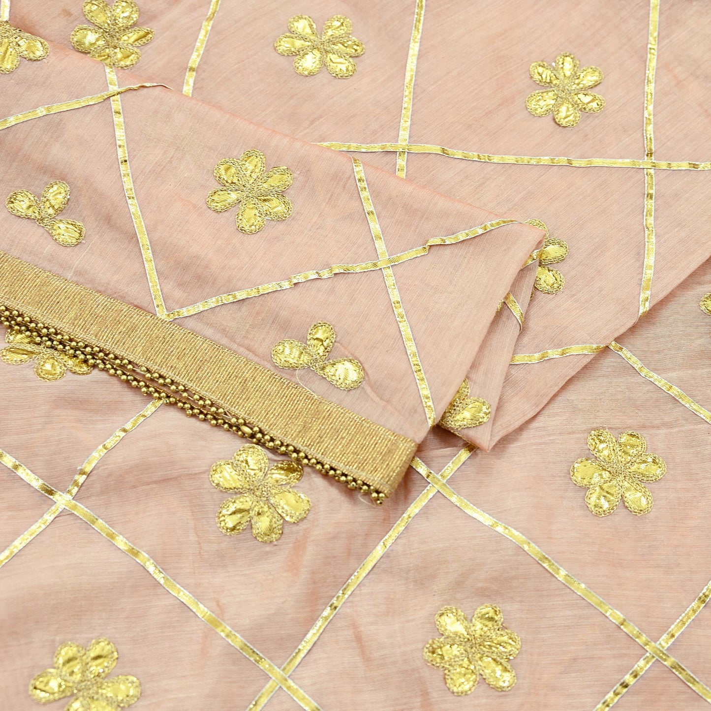 Indian Vintage Dupatta Peach Chanderi Long Stole Hand Embroidered Scarves Veil Zari Sequins