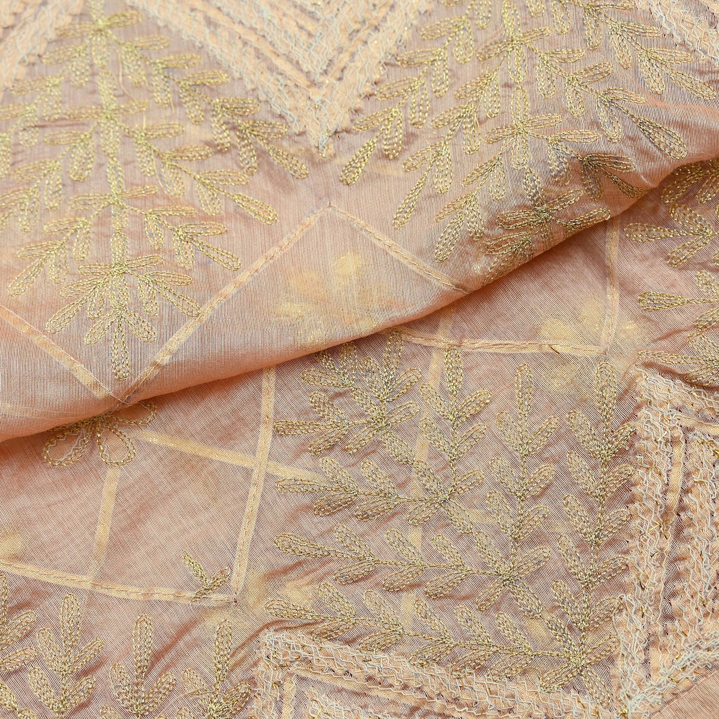 Indian Vintage Dupatta Peach Chanderi Long Stole Hand Embroidered Scarves Veil Zari Sequins