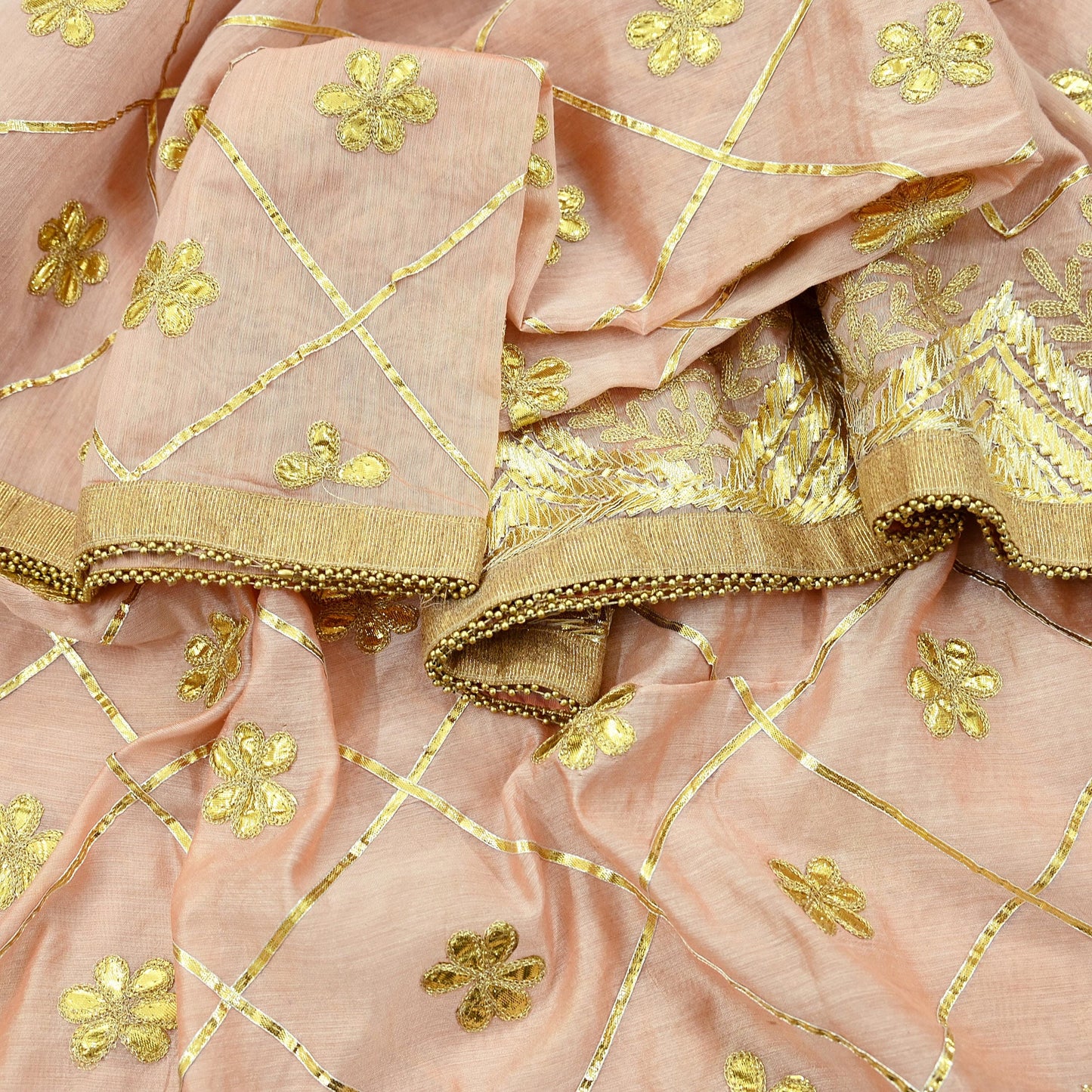 Indian Vintage Dupatta Peach Chanderi Long Stole Hand Embroidered Scarves Veil Zari Sequins