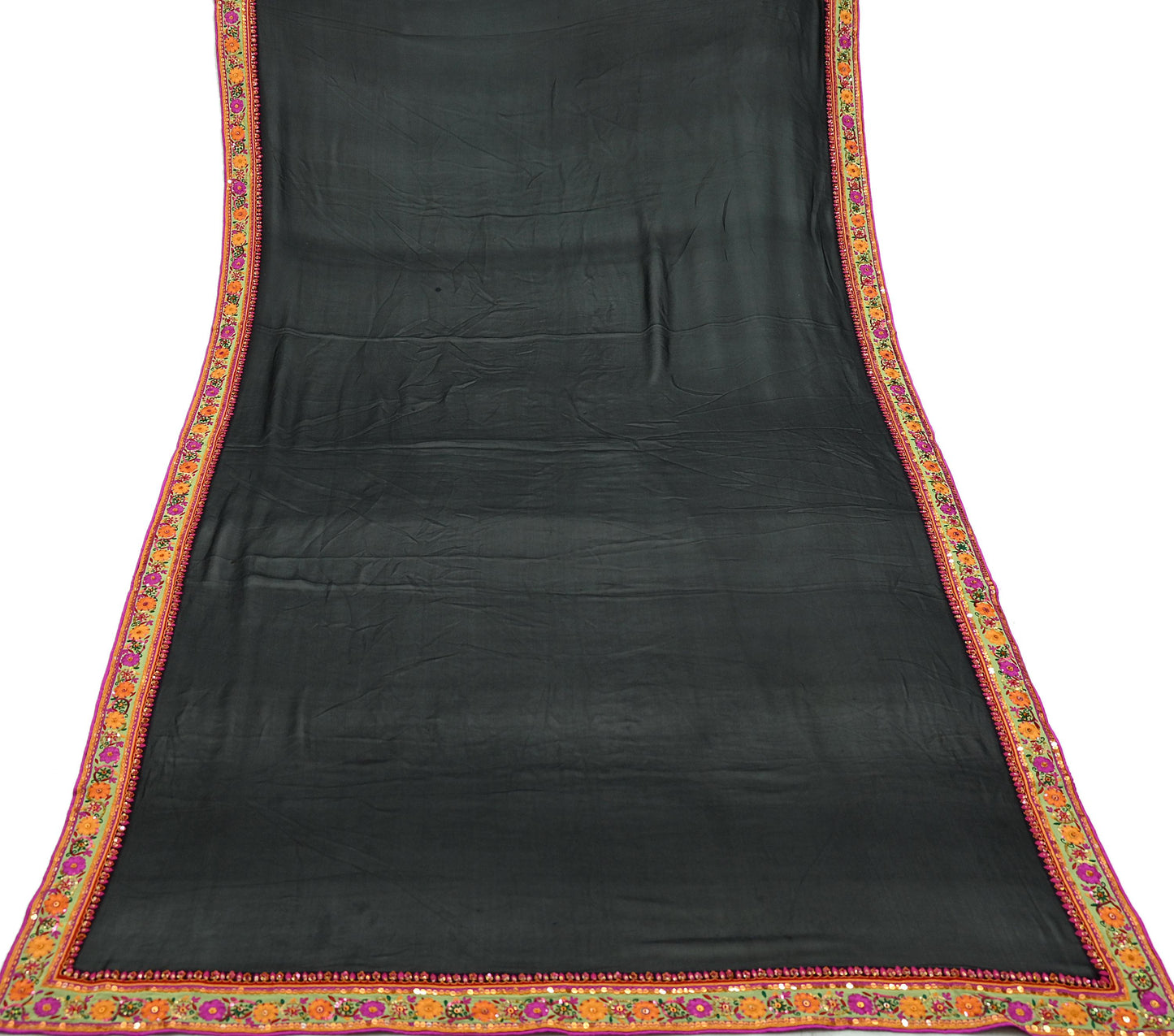 Indian Vintage Dupatta Black Pure Georgette silk Long Stole Embroidered Scarves Veil Wrap Sequins Boho