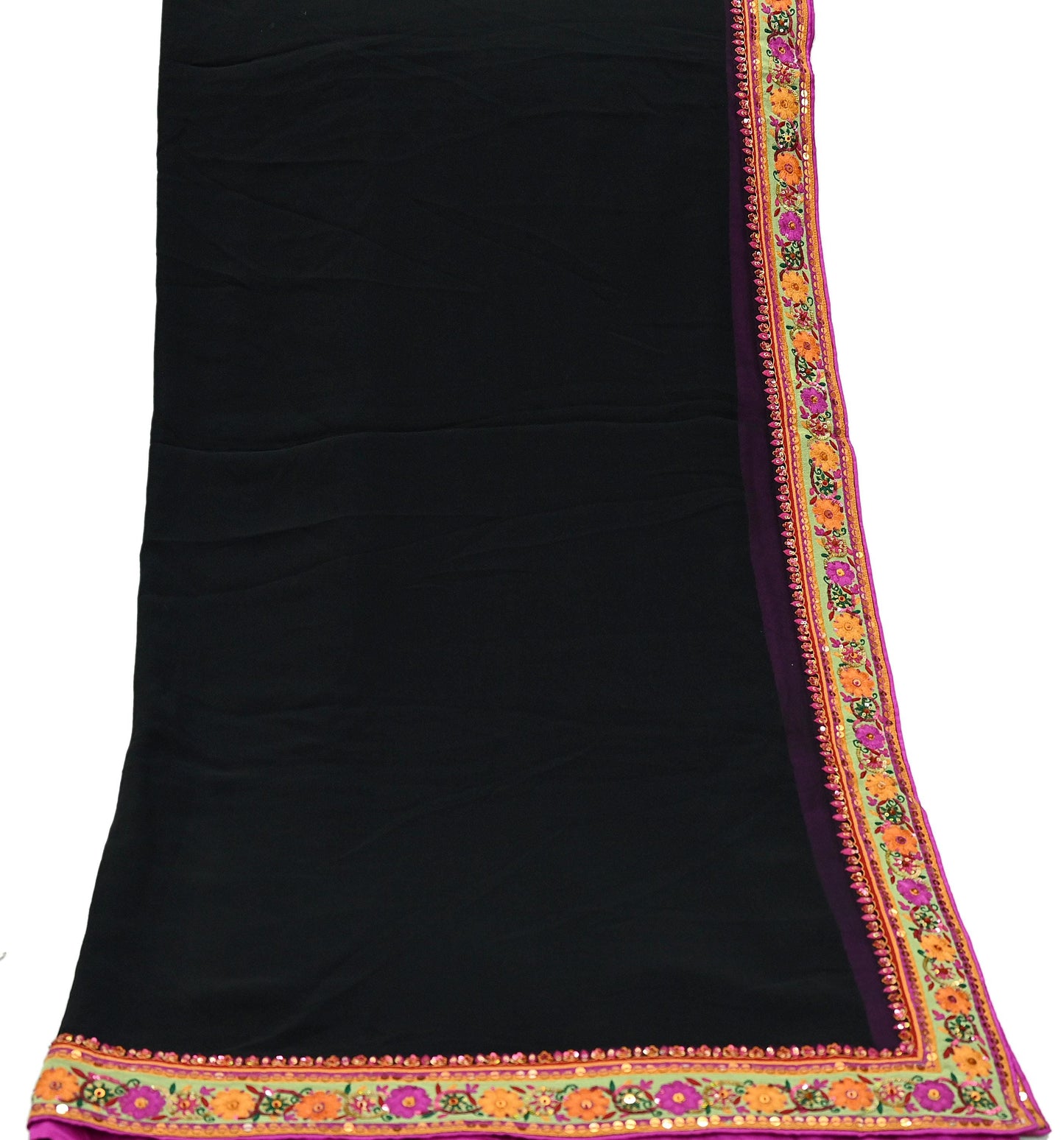 Indian Vintage Dupatta Black Pure Georgette silk Long Stole Embroidered Scarves Veil Wrap Sequins Boho