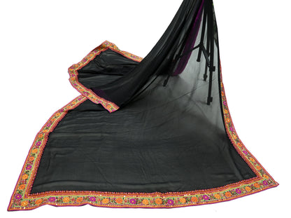 Indian Vintage Dupatta Black Pure Georgette silk Long Stole Embroidered Scarves Veil Wrap Sequins Boho