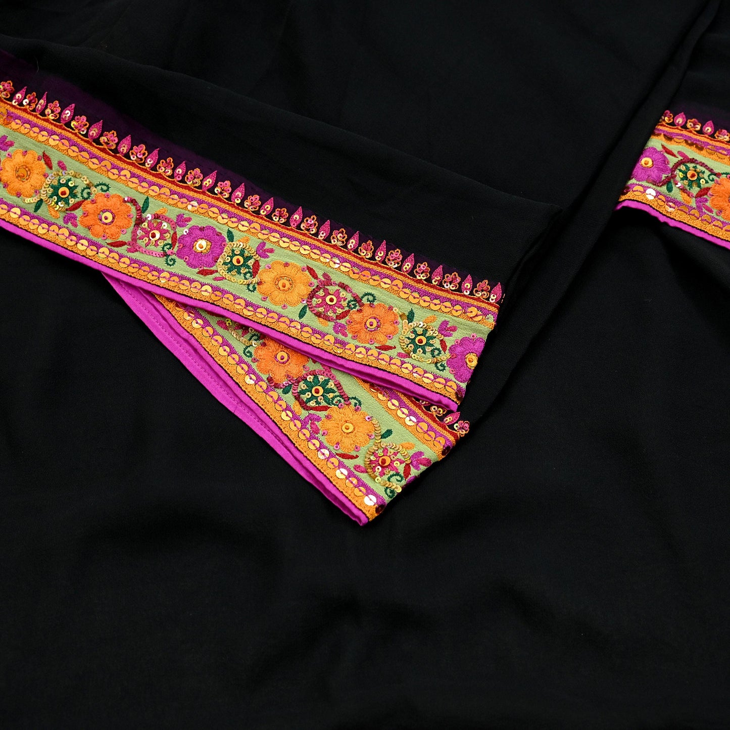 Indian Vintage Dupatta Black Pure Georgette silk Long Stole Embroidered Scarves Veil Wrap Sequins Boho