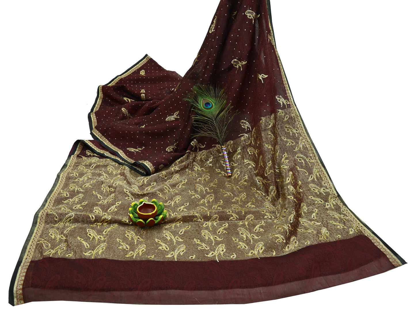 Indian Vintage Sari Black & maroon Hand Embroidered Saree Pure Organza Silk Craft Fabric 5Yd Ethnic Dress Making Crafting Quilting Zardozi