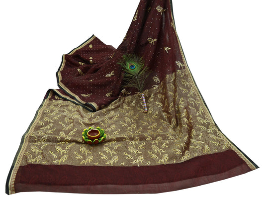 Indian Vintage Sari Black & maroon Hand Embroidered Saree Pure Organza Silk Craft Fabric 5Yd Ethnic Dress Making Crafting Quilting Zardozi