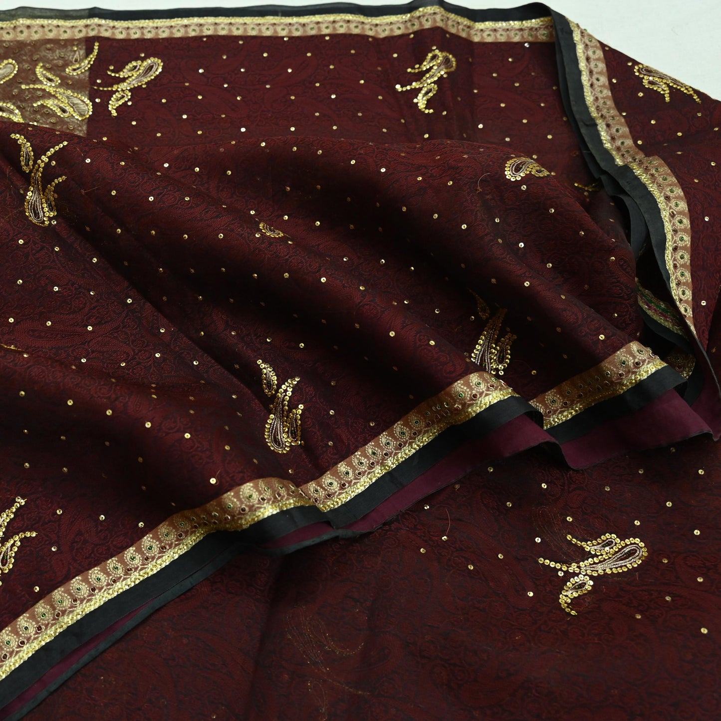 Indian Vintage Sari Black & maroon Hand Embroidered Saree Pure Organza Silk Craft Fabric 5Yd Ethnic Dress Making Crafting Quilting Zardozi