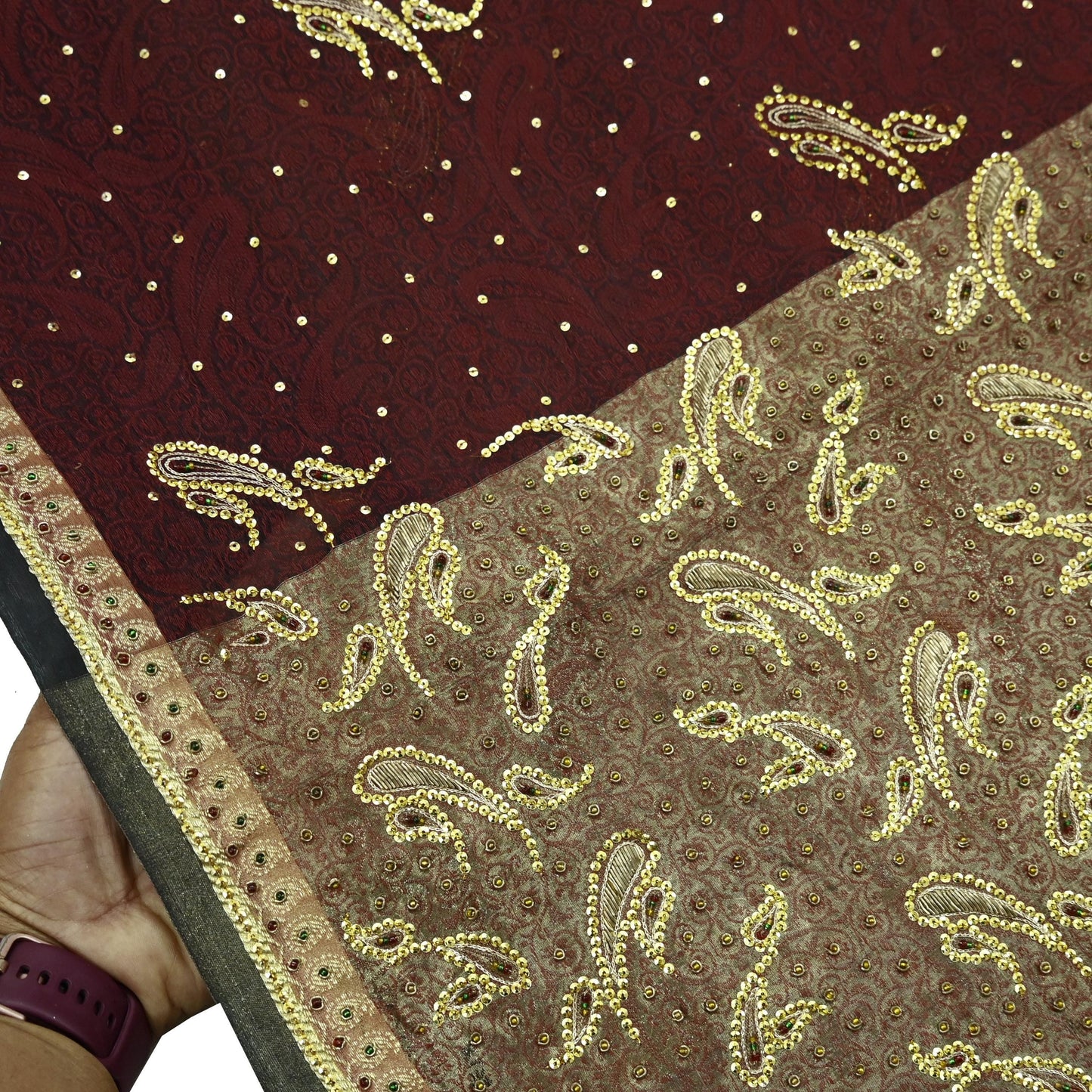 Indian Vintage Sari Black & maroon Hand Embroidered Saree Pure Organza Silk Craft Fabric 5Yd Ethnic Dress Making Crafting Quilting Zardozi