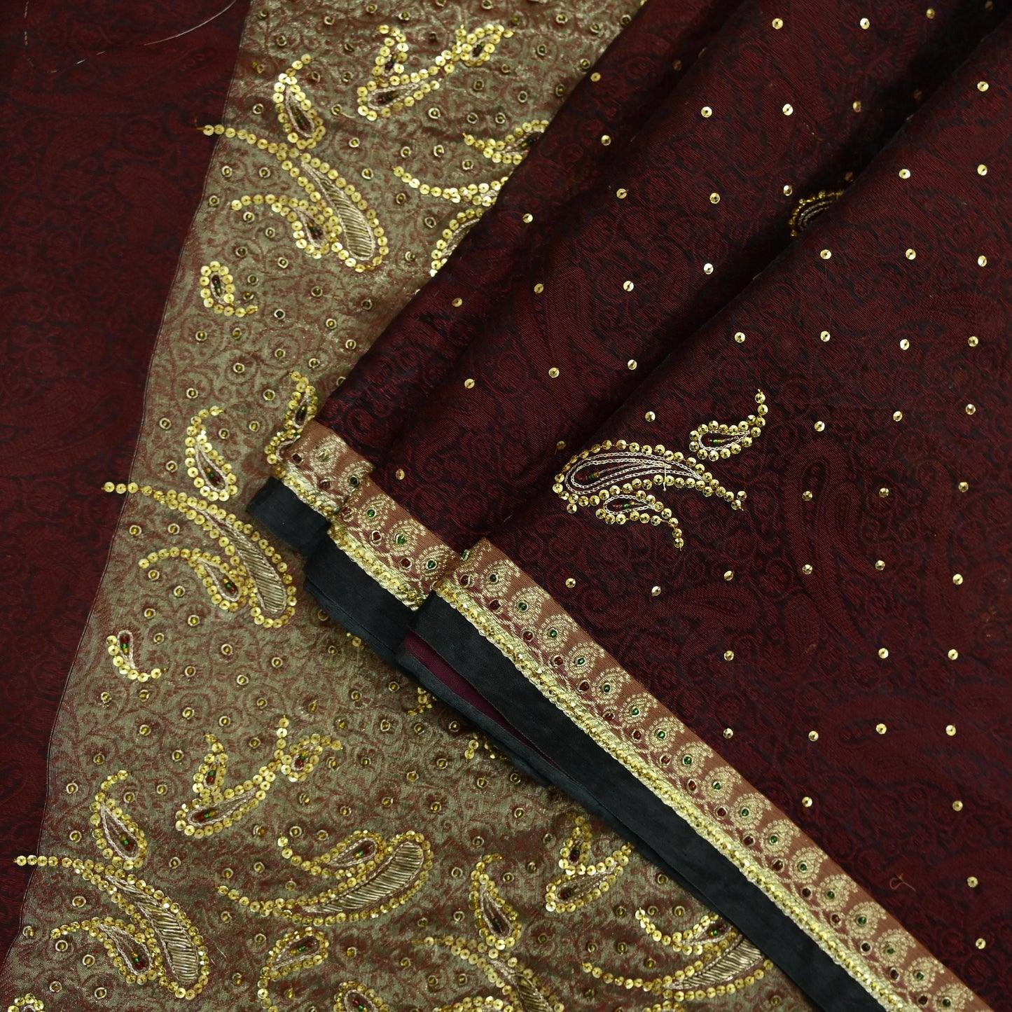 Indian Vintage Sari Black & maroon Hand Embroidered Saree Pure Organza Silk Craft Fabric 5Yd Ethnic Dress Making Crafting Quilting Zardozi