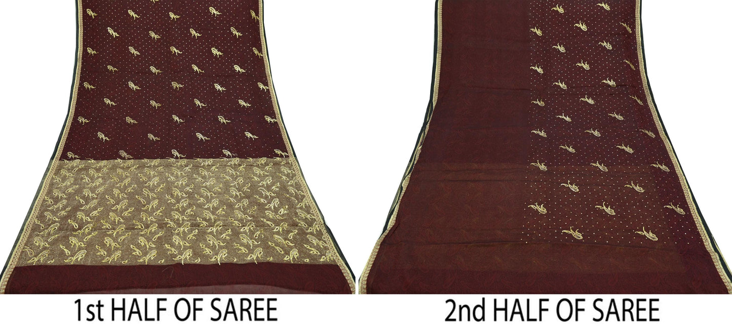 Indian Vintage Sari Black & maroon Hand Embroidered Saree Pure Organza Silk Craft Fabric 5Yd Ethnic Dress Making Crafting Quilting Zardozi