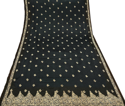 Indian Vintage Heavy Wedding Black & Brown Dupatta Pure Satin Silk Long Stole Hand Embroidered Scarves Golden Zardozi Veil